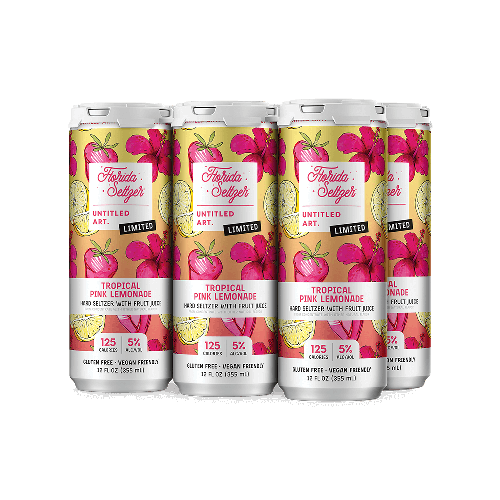 A 6-pack carton of Untitled Art Florida Seltzer Tropical Pink Lemonade Hard Seltzer