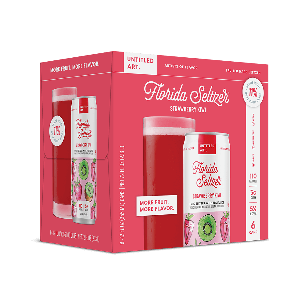 A 6-pack carton of Untitled Art Florida Seltzer Strawberry Kiwi Seltzer