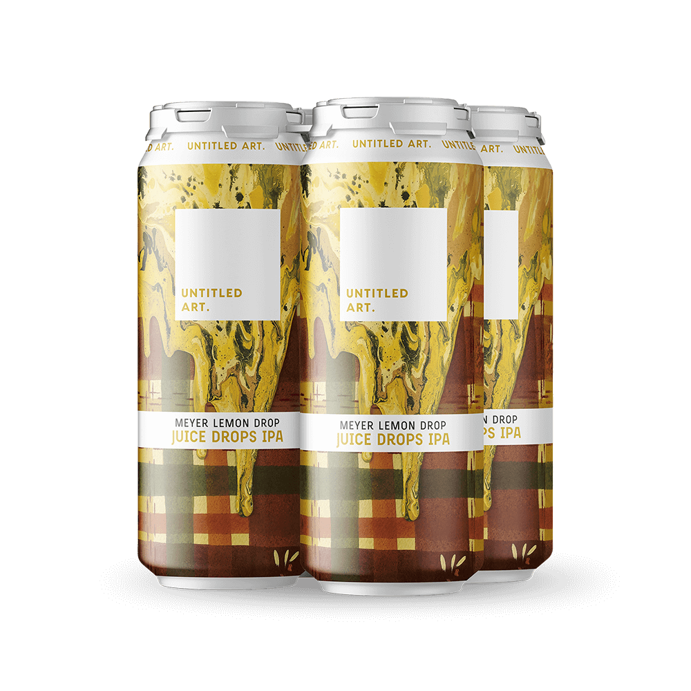 A 4-pack of Untitled Art Meyer Lemon Juice Drops IPA Beer Cans