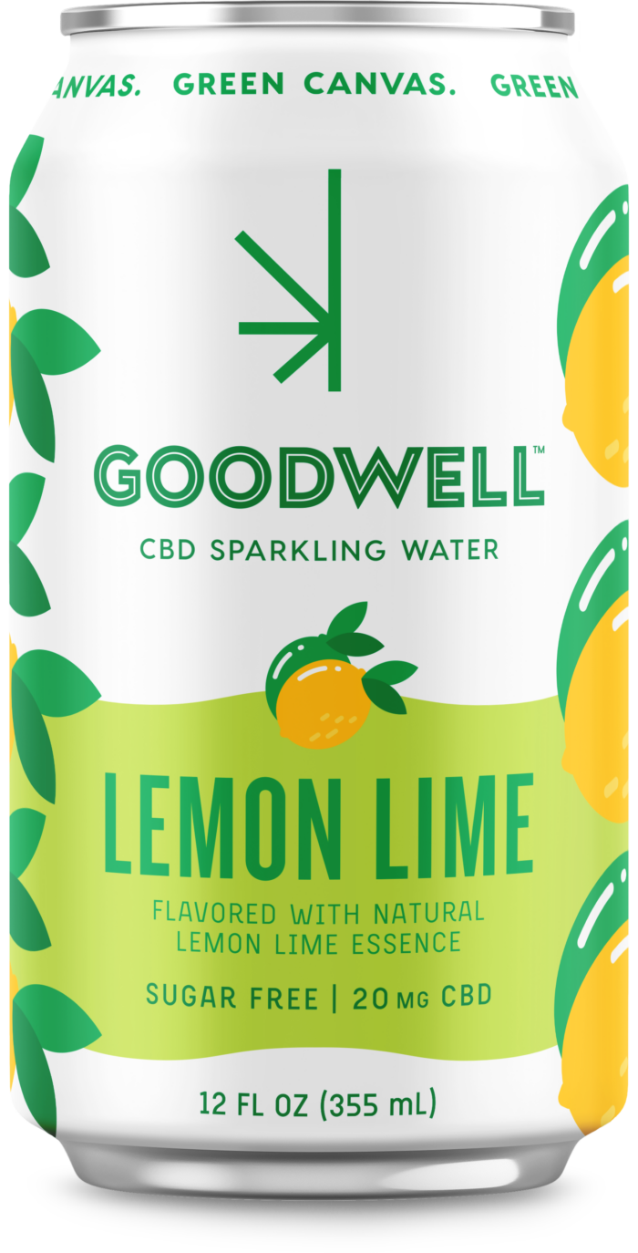 A 12 fl oz can of Goodwell CBD Sparkling Water – Mix 12-Pack in Lemon Lime flavor, featuring a green and yellow design with lemon and lime graphics. The label notes it is sugar-free and contains 20 mg of CBD.