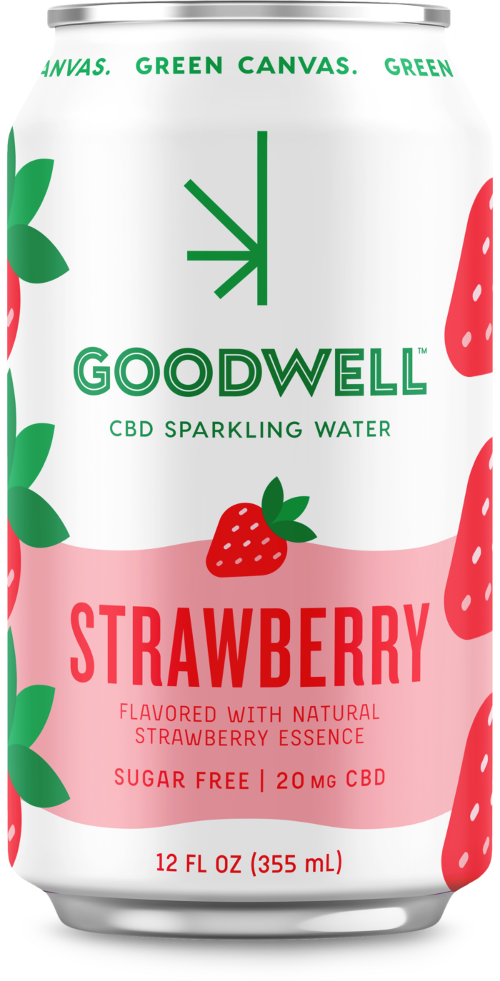 A can of Goodwell CBD Sparkling Water, featuring a delightful natural strawberry essence, boasts 20 mg of CBD, is sugar-free, and comes in a convenient 12 fl oz (355 ml) size; also available as part of the CBD Sparkling Water – Mix 12-Pack.