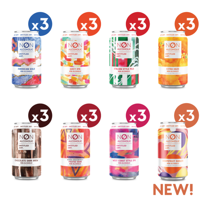 Image of eight varieties of non-alcoholic craft beer cans, each labeled with "x3" to signify multiple units, and featuring a "NEW!" tag in the bottom right corner. Displayed as part of the Non-Alcoholic Sampler 24-Pack set.