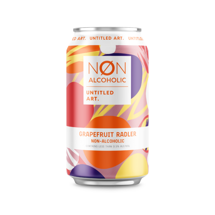 A six-pack of Non-Alcoholic Grapefruit Radler with a colorful abstract design, containing less than 0.5% alcohol.