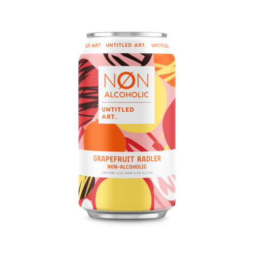 A can from the Non-Alcoholic Grapefruit Radler (6pk), showcasing a vibrant abstract design with the words "NON ALCOHOLIC" and "UNTITLED ART" on the label.