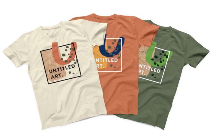 Displayed are the "Summer '24 Limited T-Shirt - Various Colors" in beige, orange, and green, each featuring the text "Untitled Art" accompanied by abstract designs on the front.