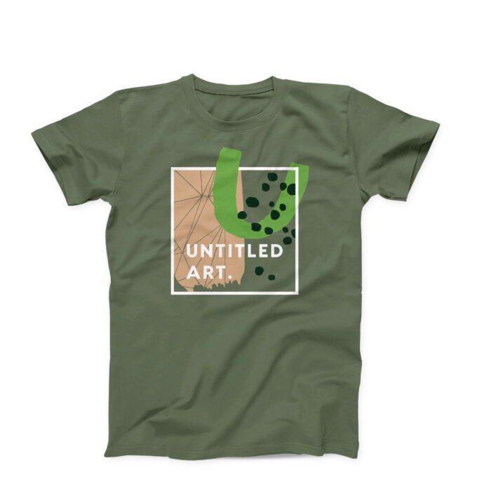 Introducing the Summer '24 Limited T-Shirt in olive green, adorned with an abstract art design that features geometric shapes and green brushstrokes. The white text "Untitled Art" is displayed within a square, making this piece a stylish addition to your wardrobe.