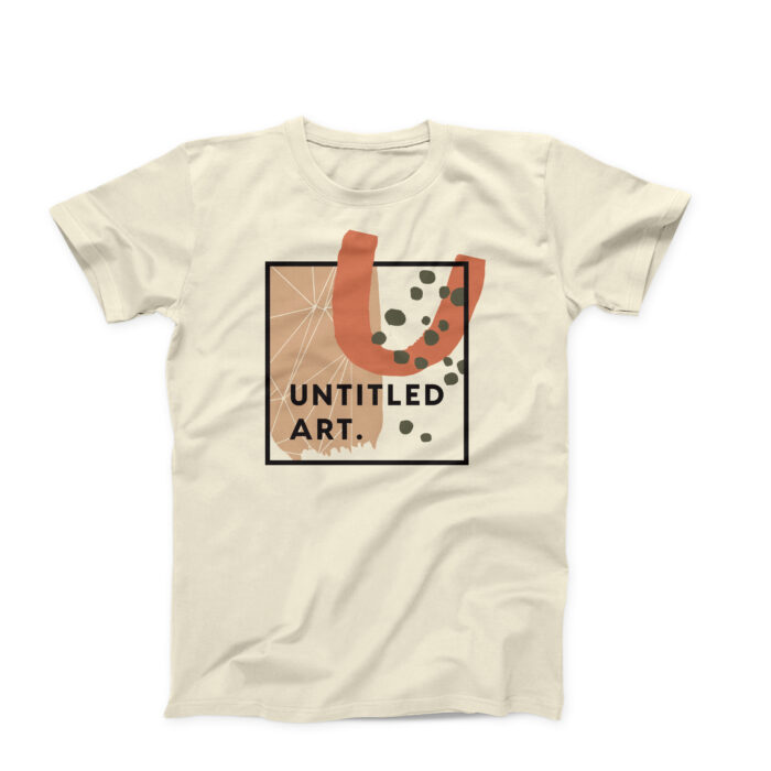 A Summer '24 Limited T-Shirt in beige, showcasing a contemporary abstract design with the words "Untitled Art." inside a black-bordered rectangle. The artwork includes geometric shapes and vibrant splashes of color.