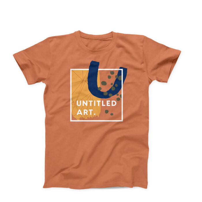 Summer '24 Limited T-Shirt in rust, featuring a geometric design with a yellow square, green and navy blue elements, and the text "Untitled Art.